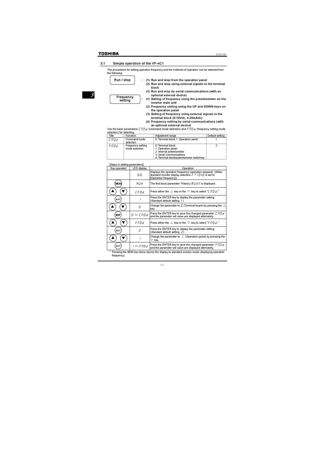 Toshiba Single-phase 200V class 0.2 to 2.2kW Simple operation of the VF-nC1, Run / stop, Frequency, Setting 