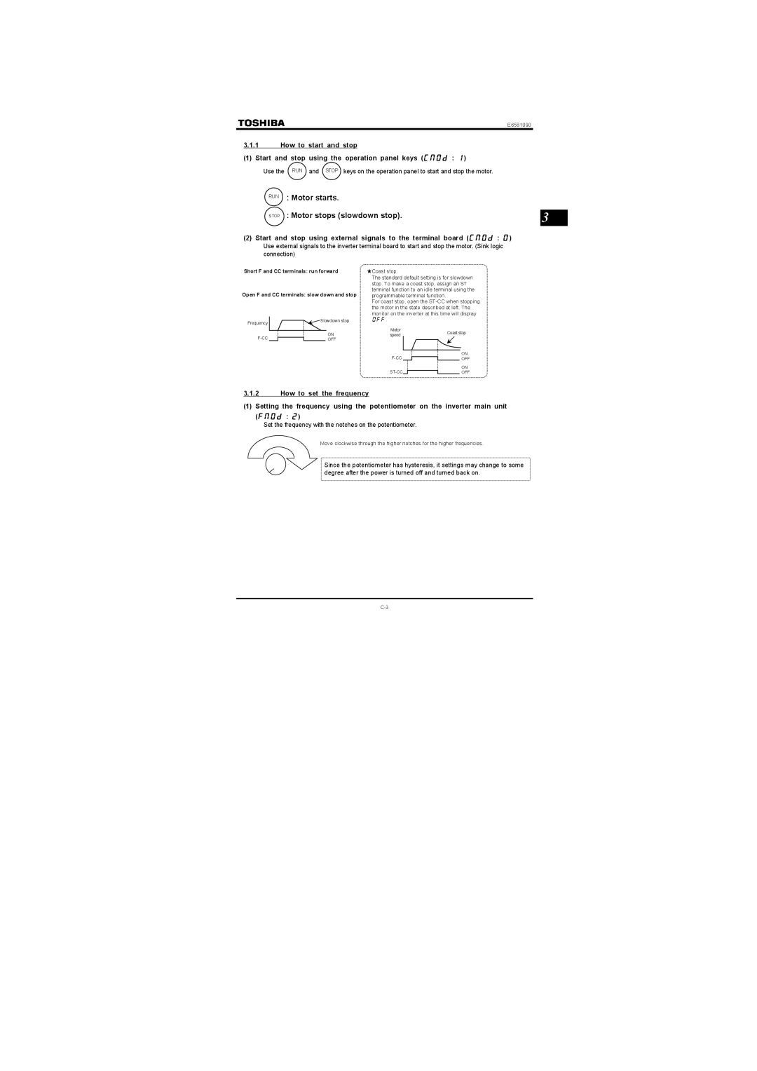 Toshiba Single-phase 100V class 0.1 to 0.75kW instruction manual RUN Motor starts Motor stops slowdown stop 