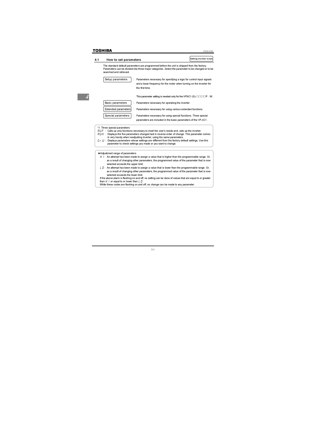 Toshiba Three-phase 200V class 0.1 to 2.2kW, Single-phase 200V class 0.2 to 2.2kW How to set parameters, Setup parameters 