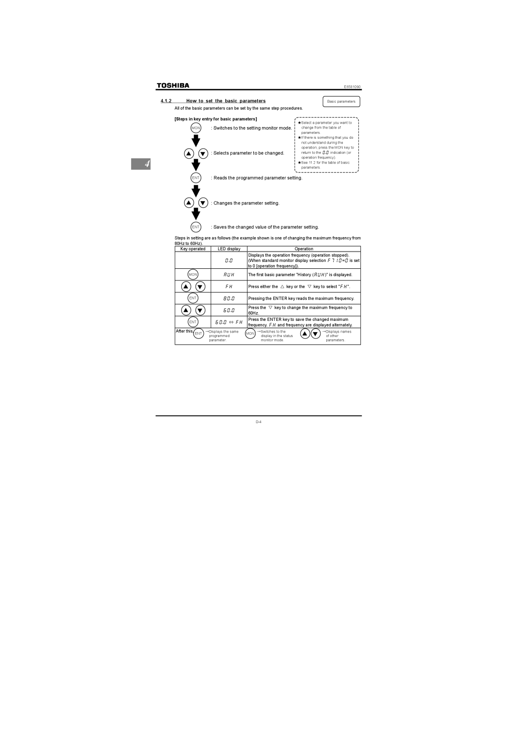 Toshiba Single-phase 100V class 0.1 to 0.75kW How to set the basic parameters, Steps in key entry for basic parameters 