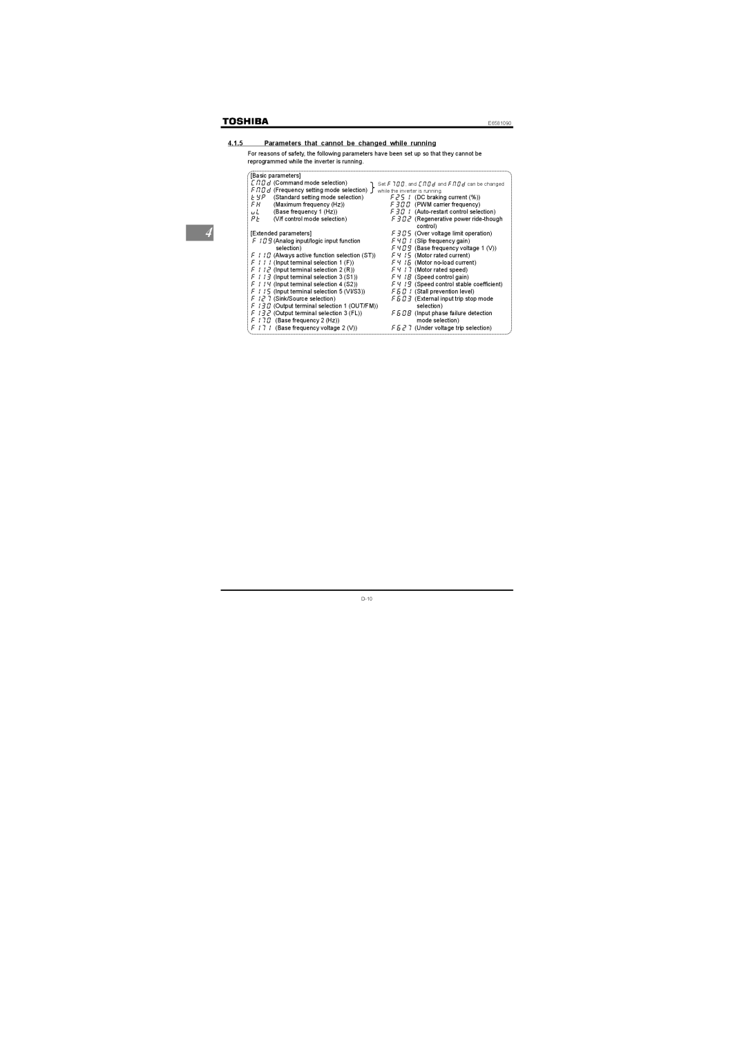 Toshiba Single-phase 100V class 0.1 to 0.75kW instruction manual Parameters that cannot be changed while running 