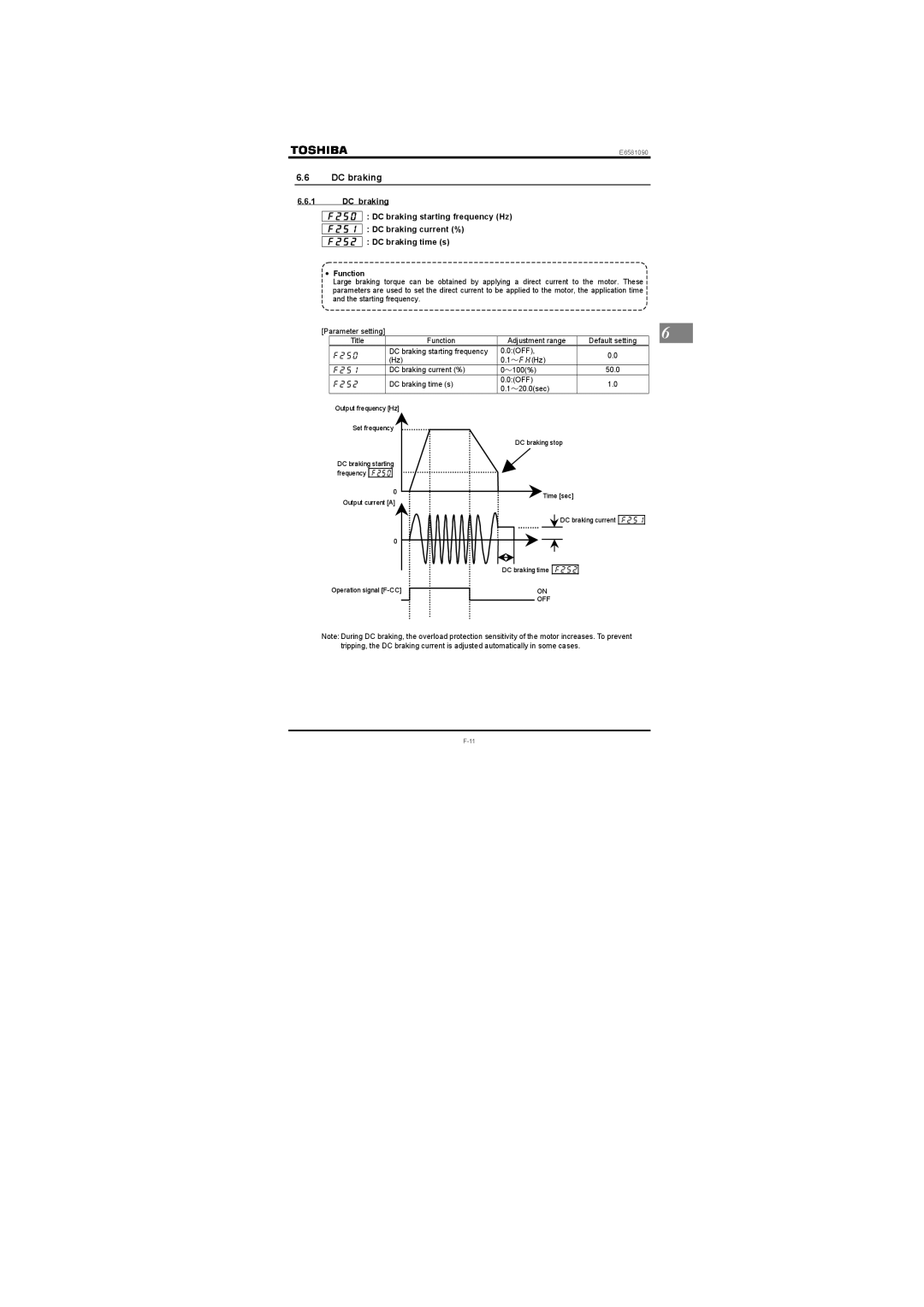 Toshiba Single-phase 100V class 0.1 to 0.75kW, Single-phase 200V class 0.2 to 2.2kW instruction manual DC braking, Off 