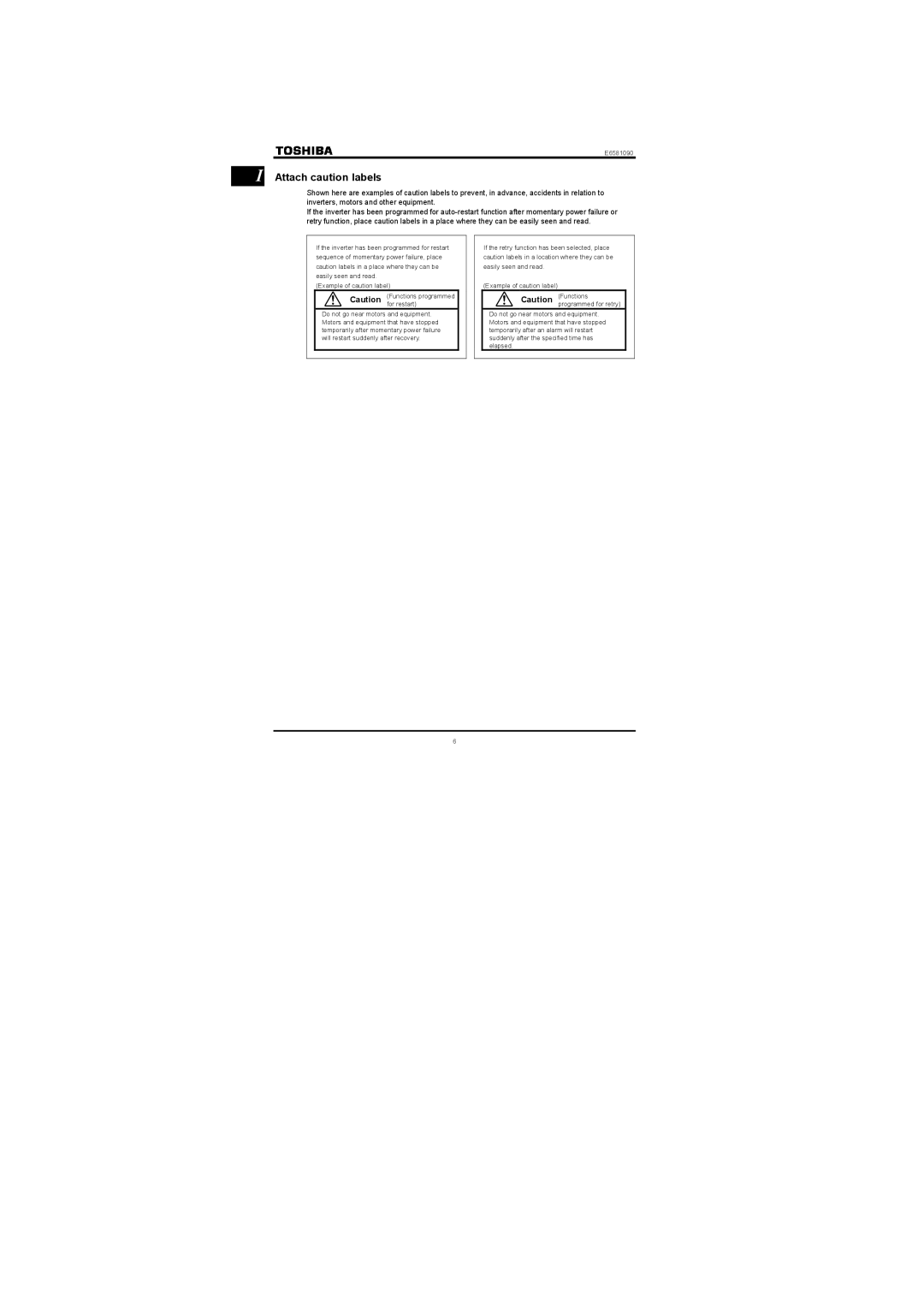 Toshiba Three-phase 200V class 0.1 to 2.2kW, Single-phase 200V class 0.2 to 2.2kW instruction manual Attach caution labels 