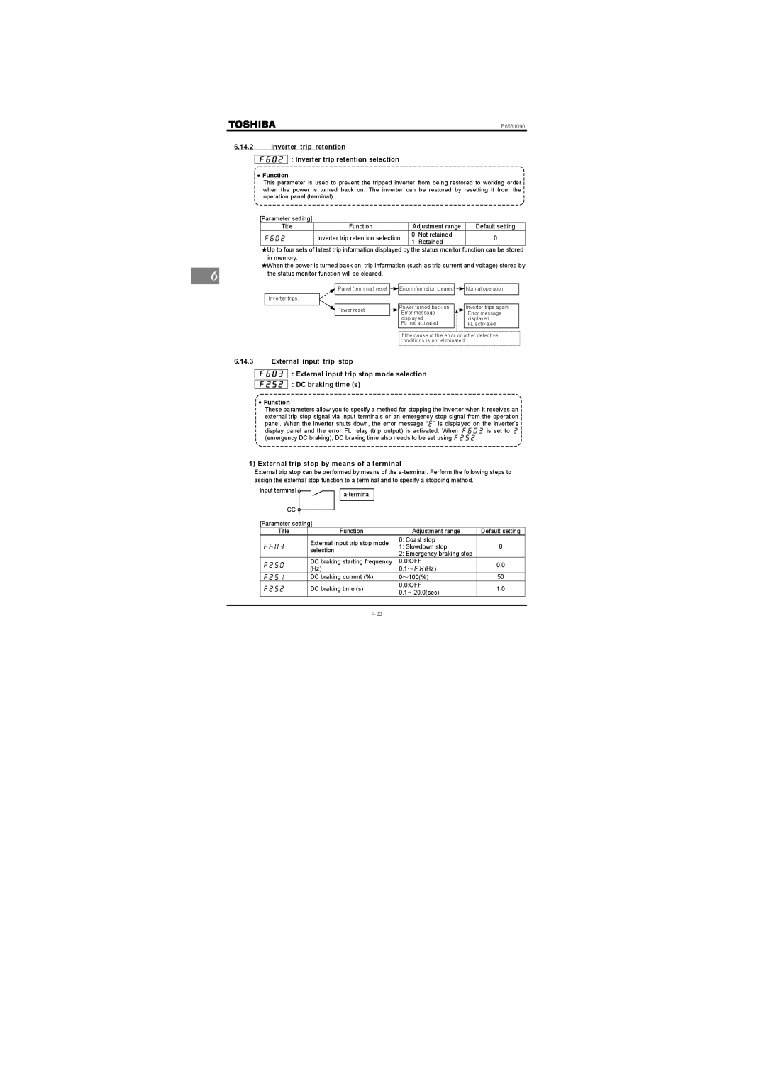 Toshiba Single-phase 200V class 0.2 to 2.2kW instruction manual External trip stop by means of a terminal 