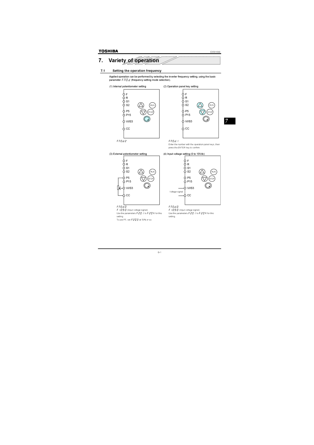 Toshiba Single-phase 200V class 0.2 to 2.2kW instruction manual Variety of operation, Setting the operation frequency 