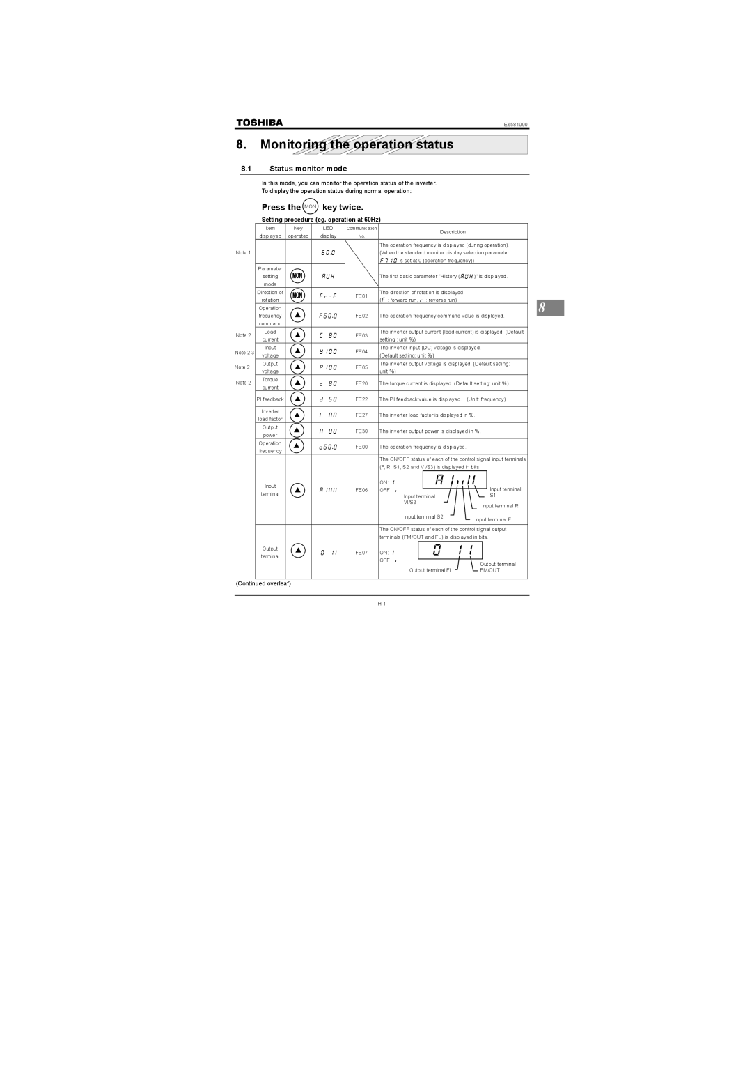 Toshiba Single-phase 200V class 0.2 to 2.2kW instruction manual Monitoring the operation status, Status monitor mode 