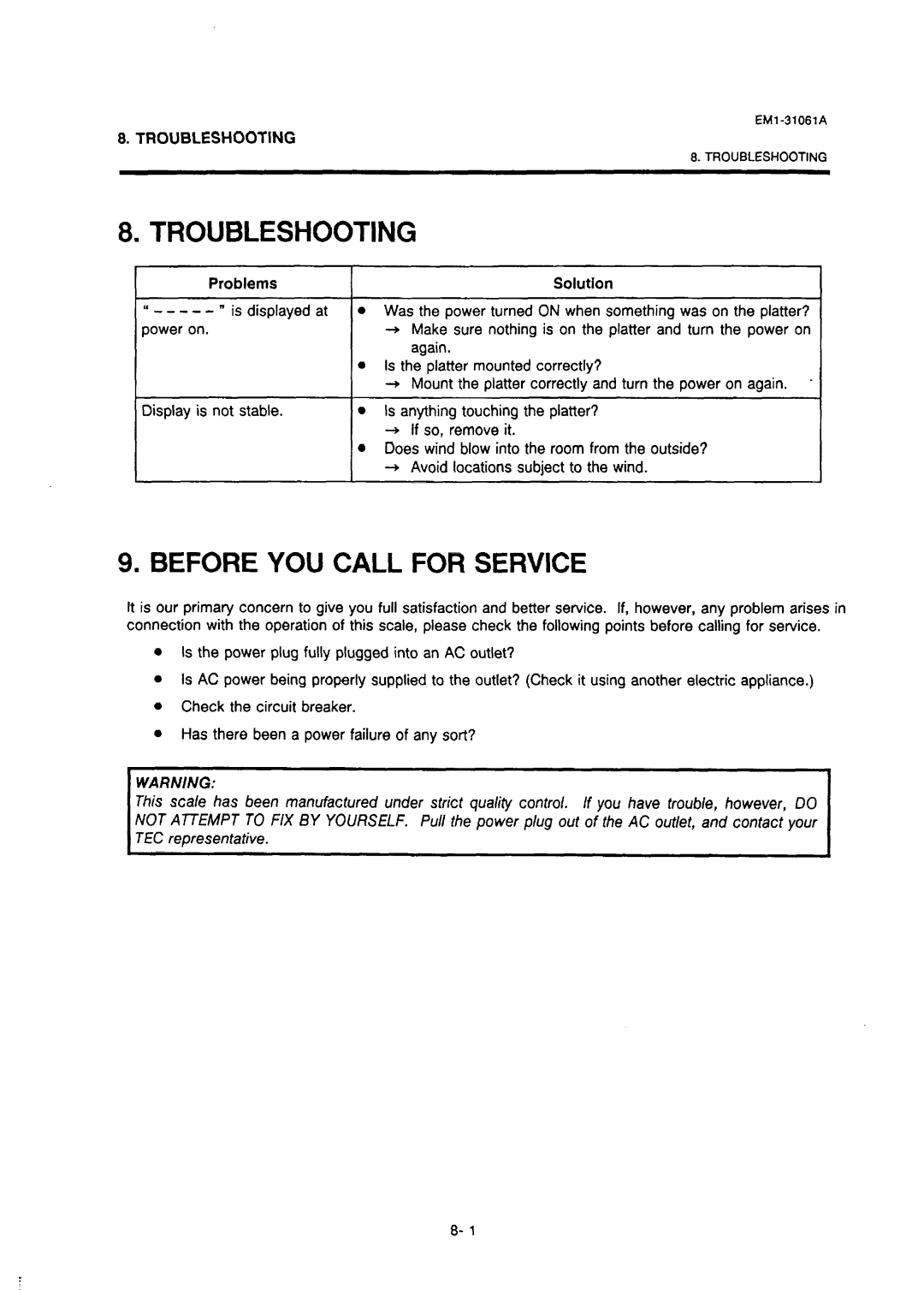 Toshiba EM-31061A, SL-47-N-1 manual Troubleshooting, Before YOU Call for Service, Problems, ISolution 