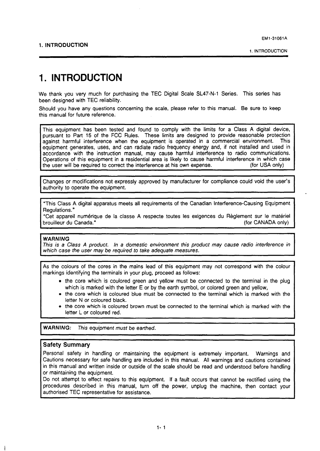 Toshiba EM-31061A, SL-47-N-1 manual Introduction, Safety, Tec 