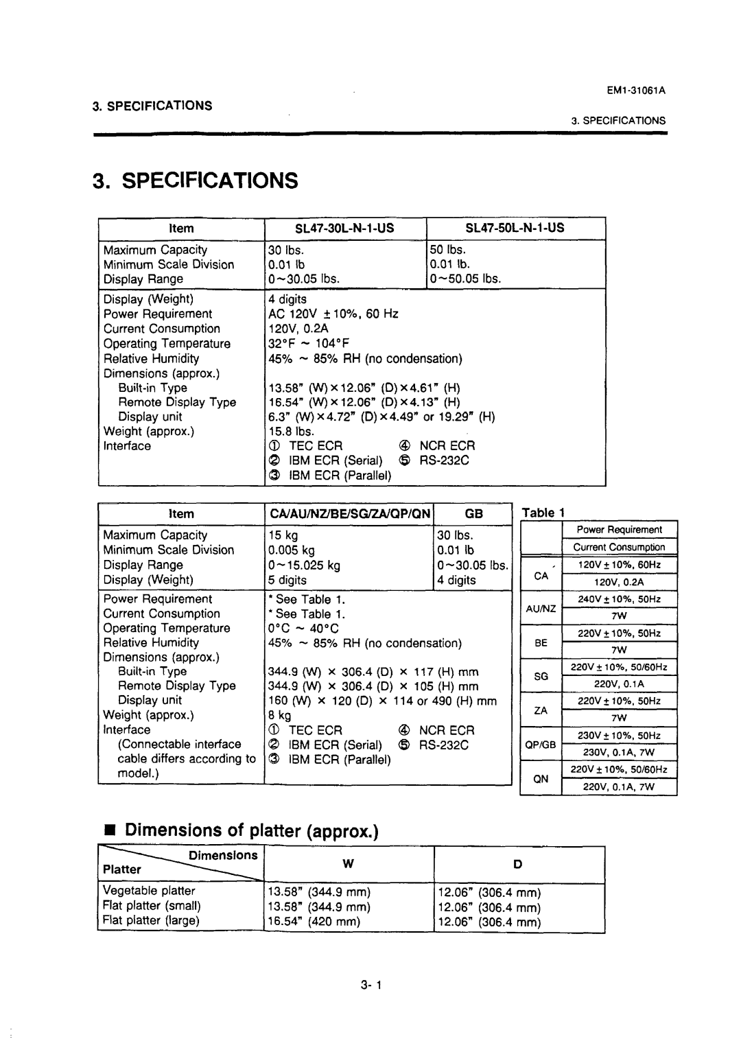 Toshiba SL-47-N-1, EM-31061A manual Specifications, Ecr Ncr 