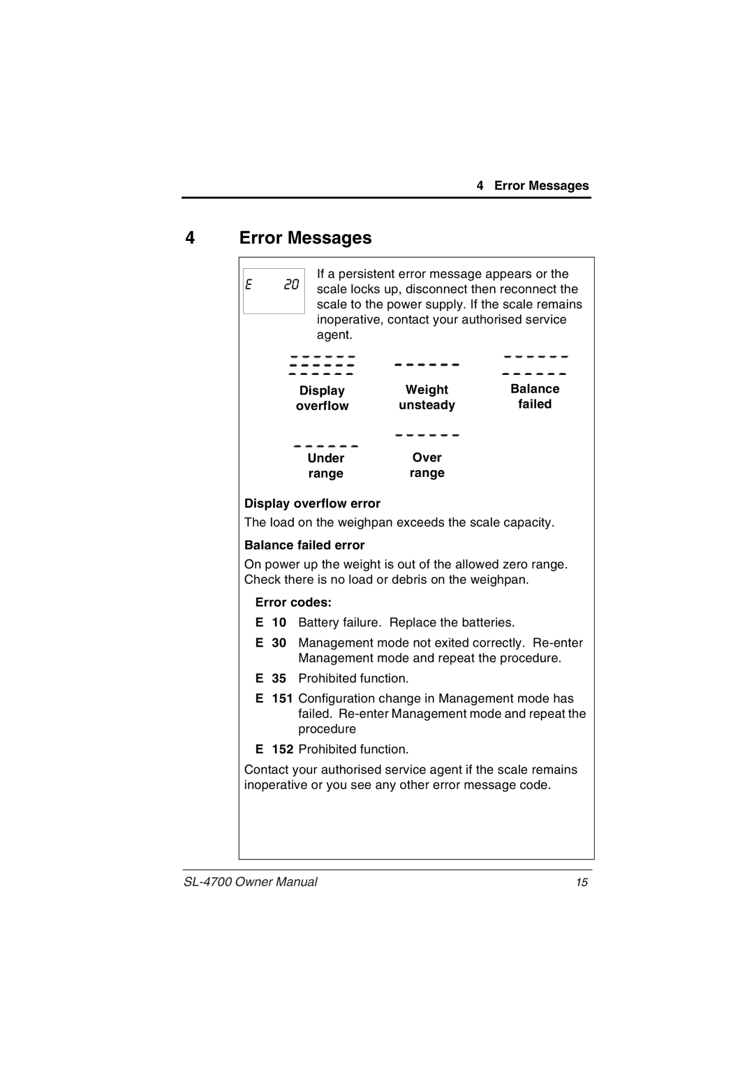 Toshiba SL-4700 owner manual Error Messages, Balance failed error 