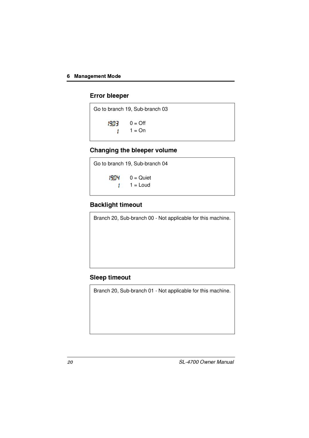 Toshiba SL-4700 owner manual Error bleeper, Changing the bleeper volume, Backlight timeout, Sleep timeout 