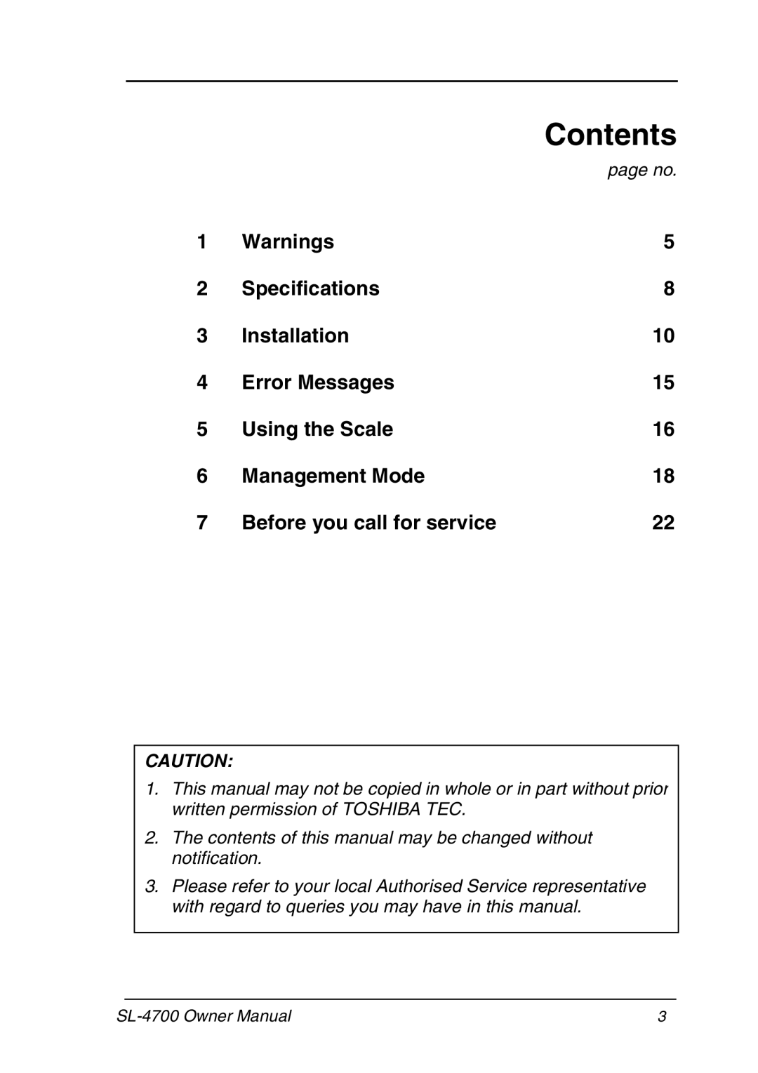 Toshiba SL-4700 owner manual Contents 