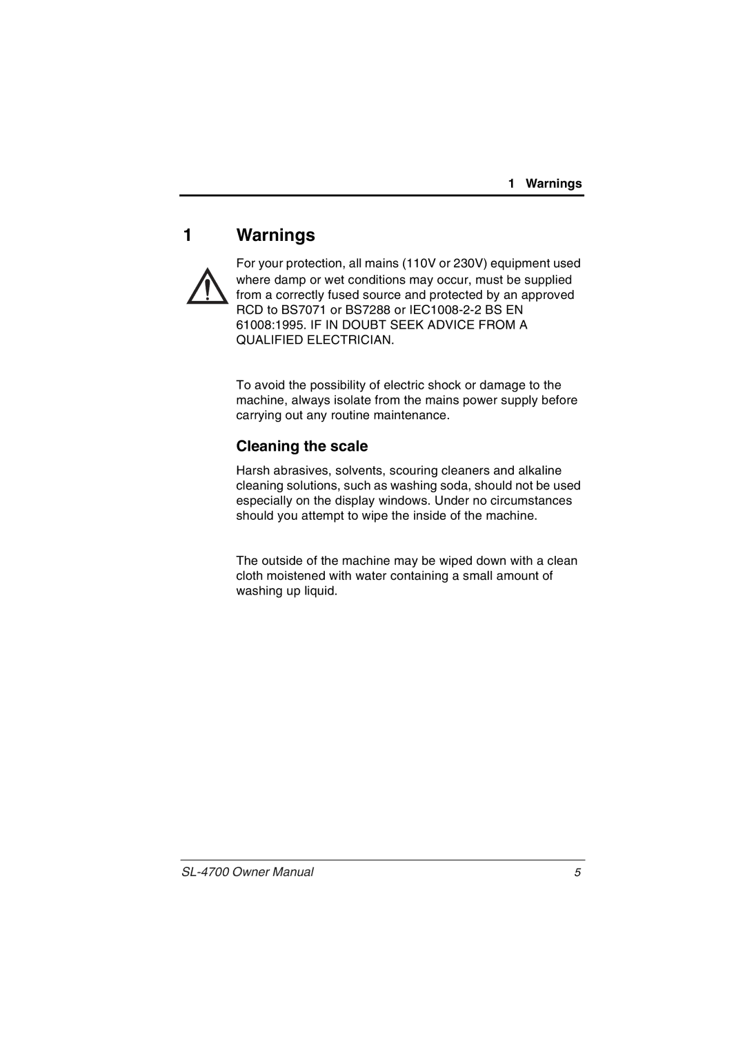 Toshiba owner manual Cleaning the scale, SL-4700 Owner Manual 