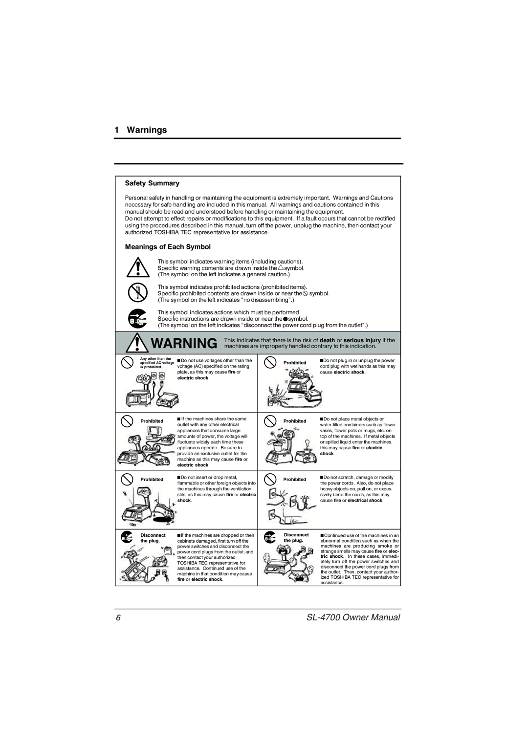 Toshiba SL-4700 owner manual Safety Summary 