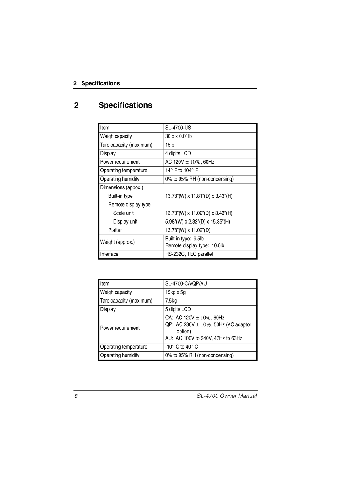 Toshiba SL-4700 owner manual Specifications 