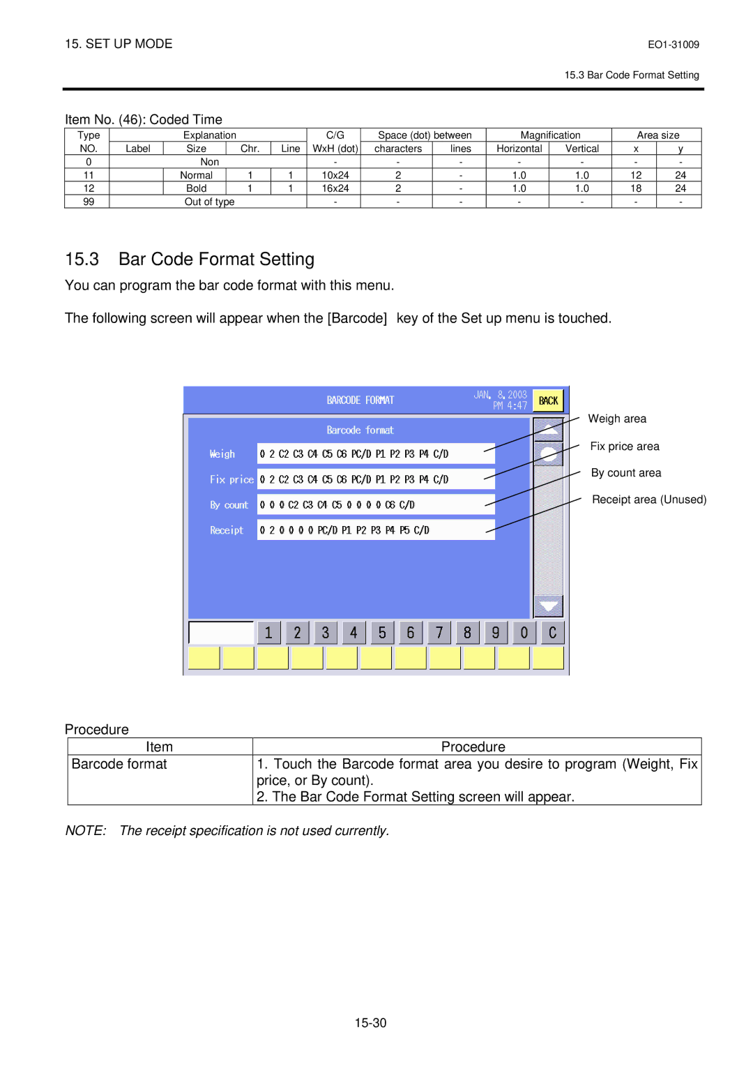 Toshiba SL-5300 Series owner manual Bar Code Format Setting, Item No Coded Time 