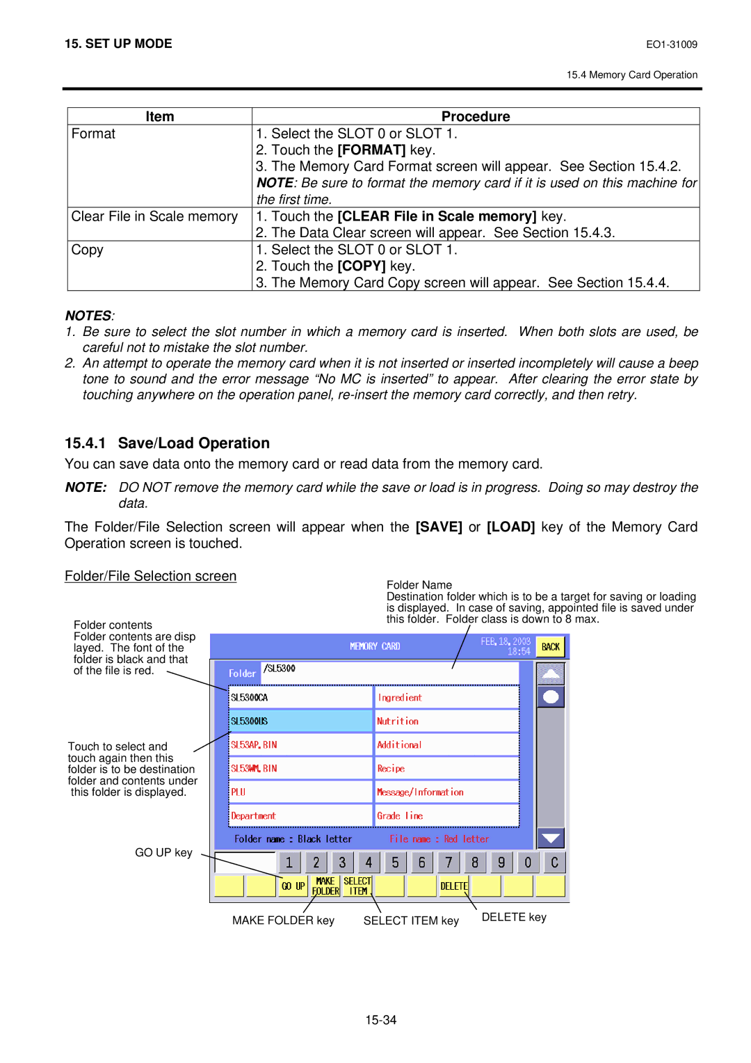 Toshiba SL-5300 Series owner manual Save/Load Operation, Touch the Clear File in Scale memory key 