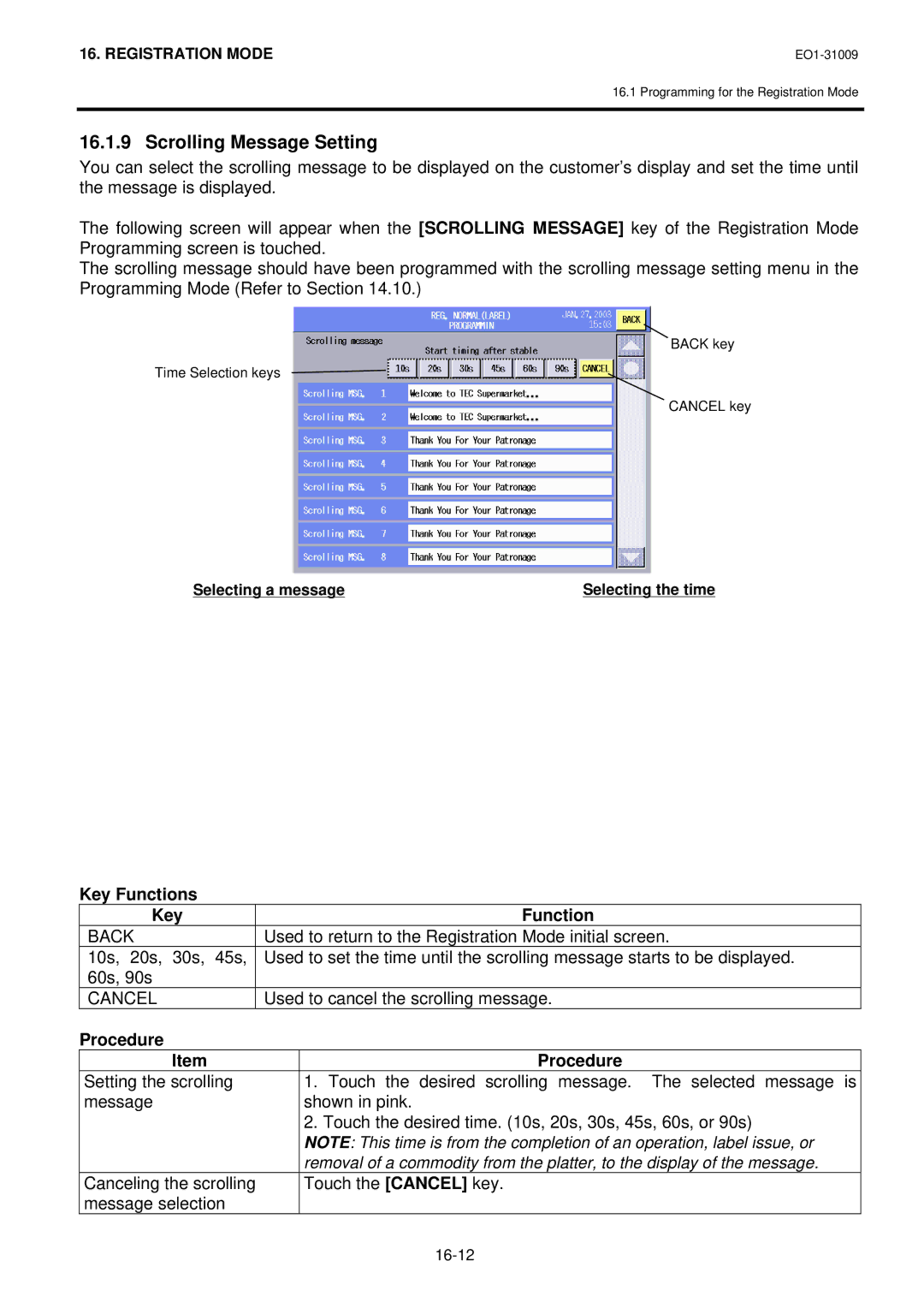 Toshiba SL-5300 Series owner manual Scrolling Message Setting, Cancel 