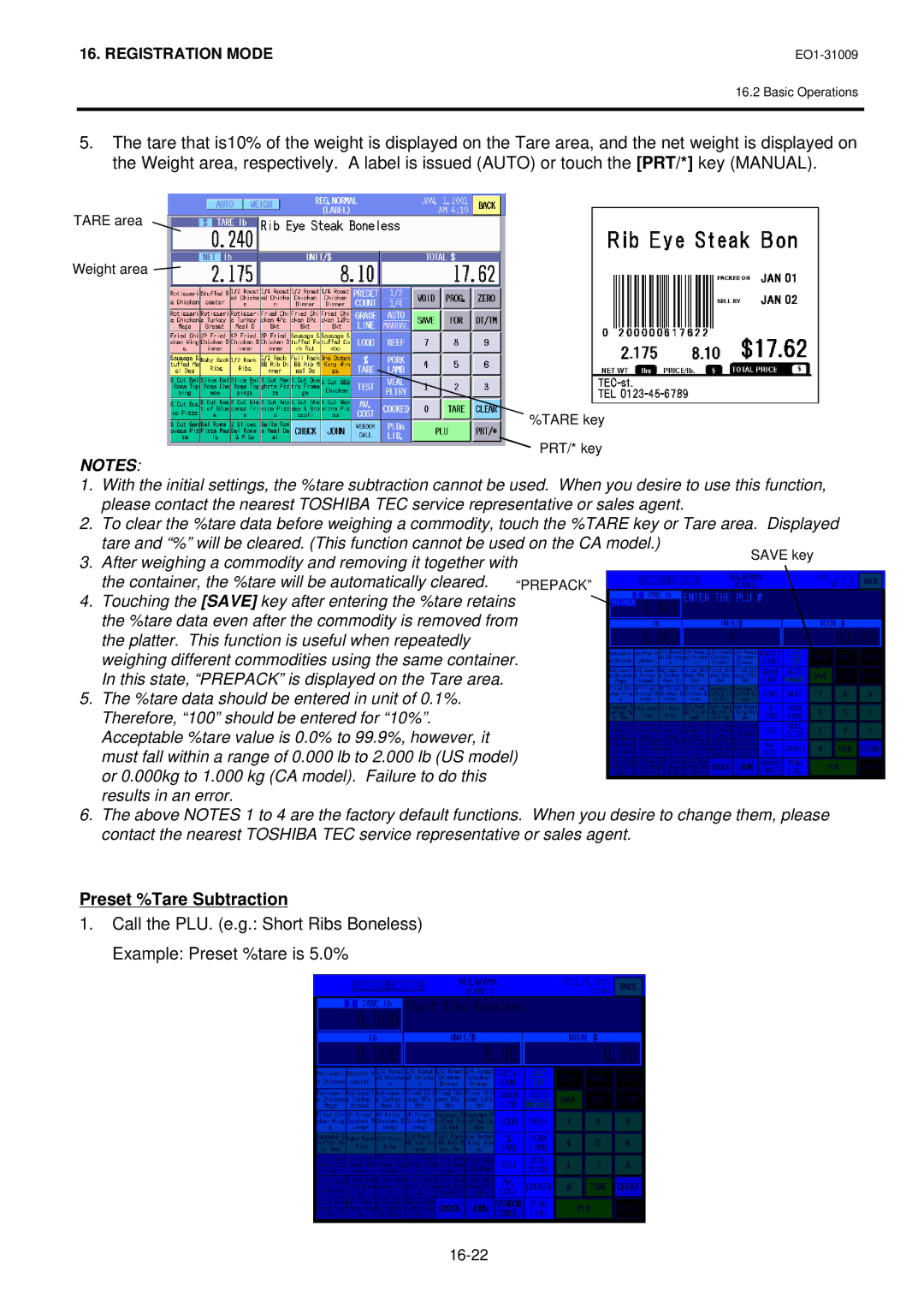 Toshiba SL-5300 Series owner manual Preset %Tare Subtraction 