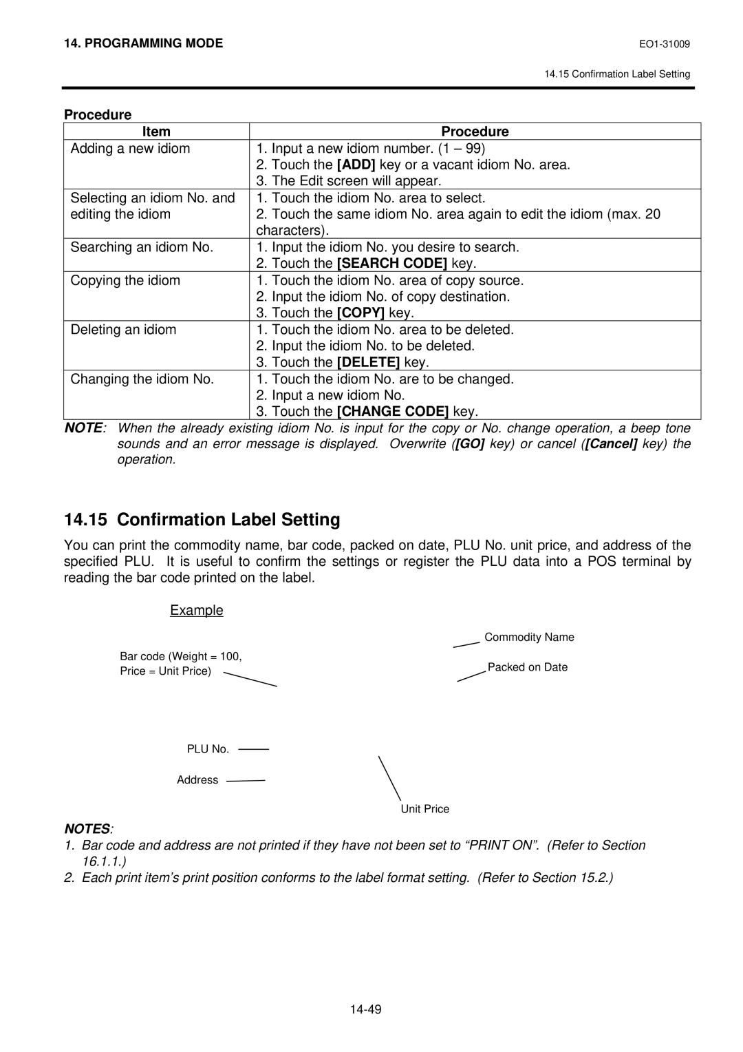 Toshiba SL-5300 Series owner manual Confirmation Label Setting, Procedure 