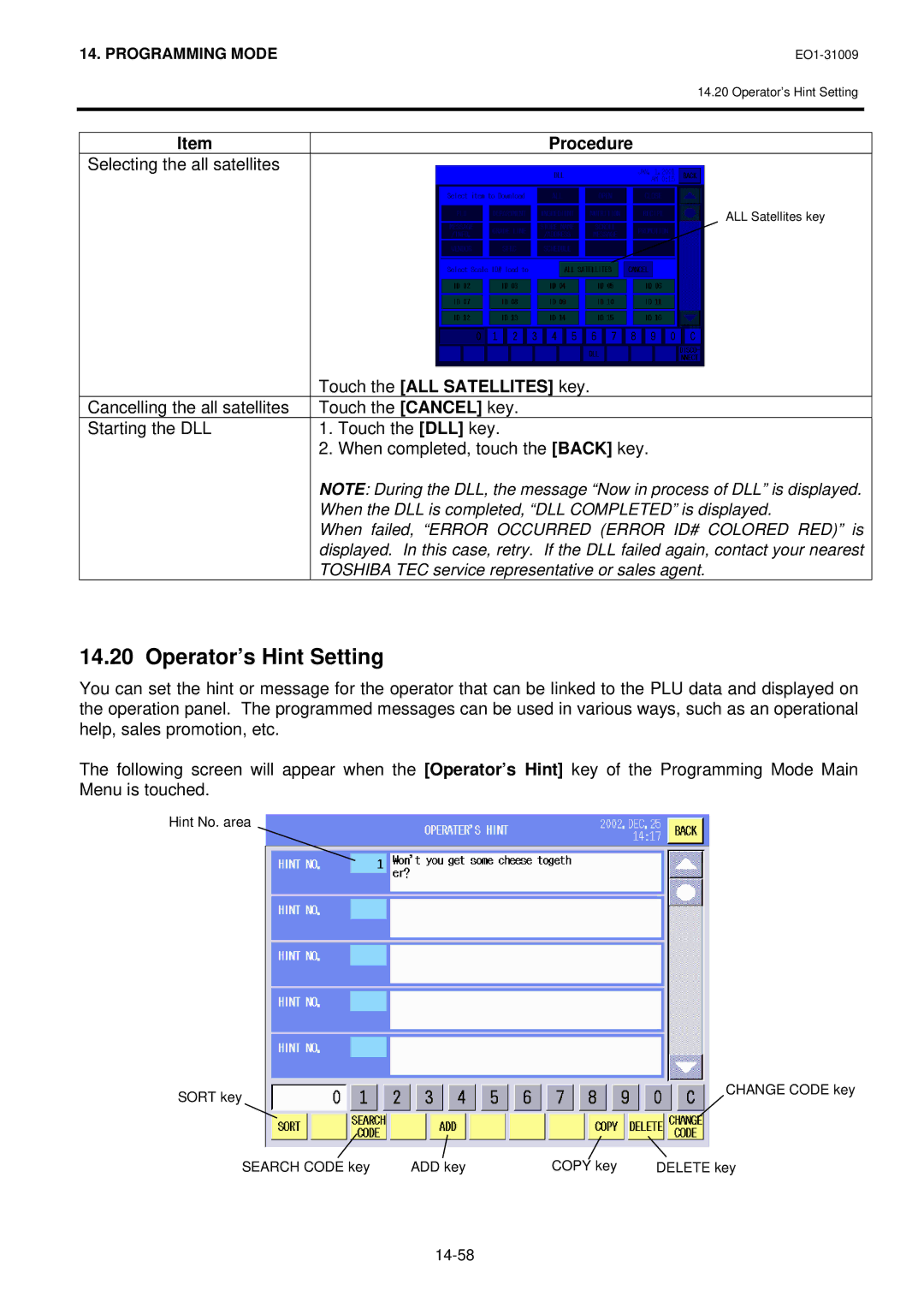 Toshiba SL-5300 Series owner manual Operator’s Hint Setting, Selecting the all satellites, Touch the ALL Satellites key 