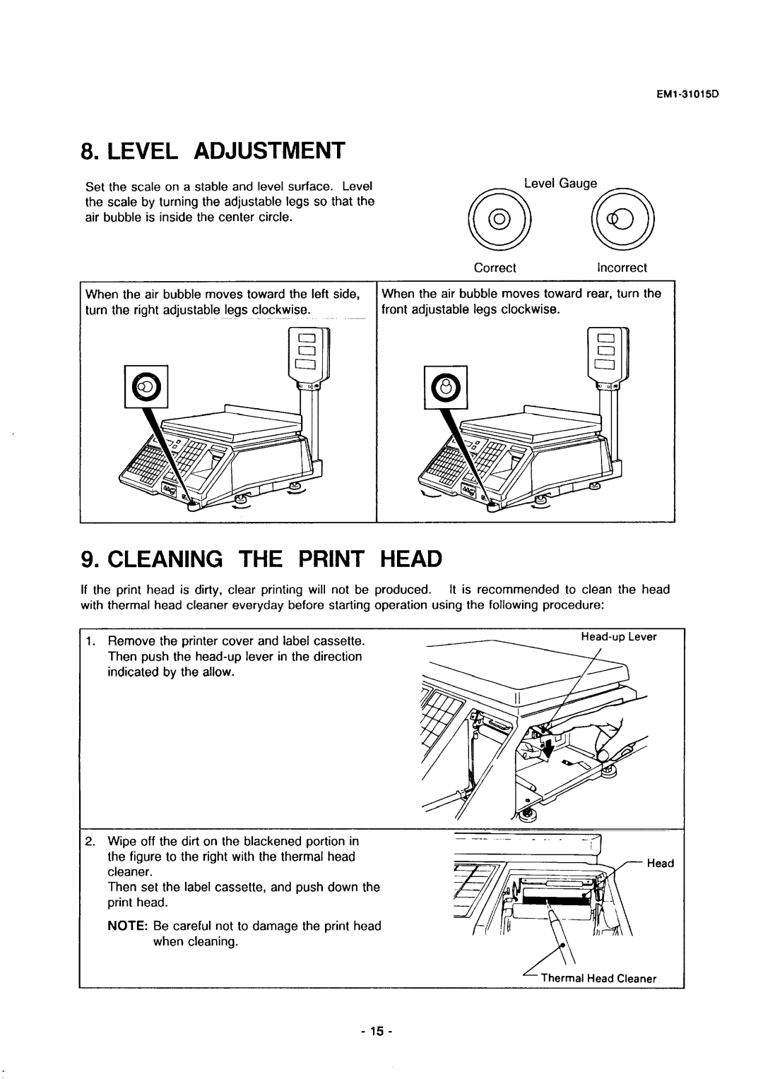 Toshiba SL-5900, EMl-31015D, EM1-31015 manual Level Adjustment, Cleaning Print Head 