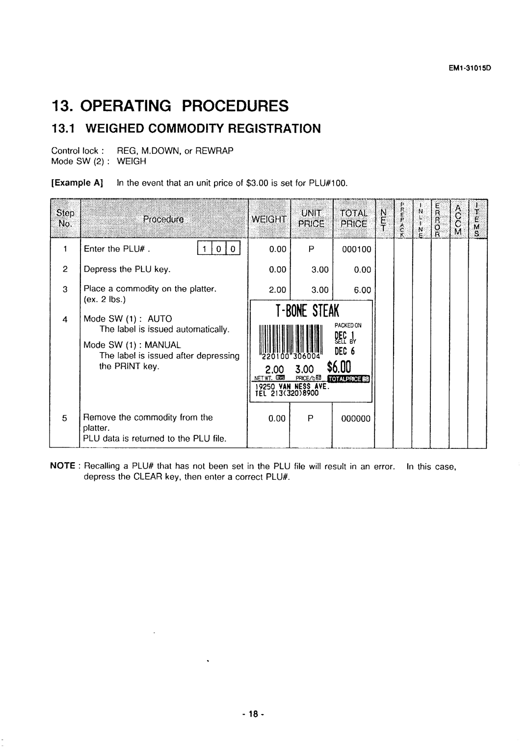 Toshiba SL-5900, EMl-31015D, EM1-31015 manual Operating Procedures, Weighed Commodity Registration 