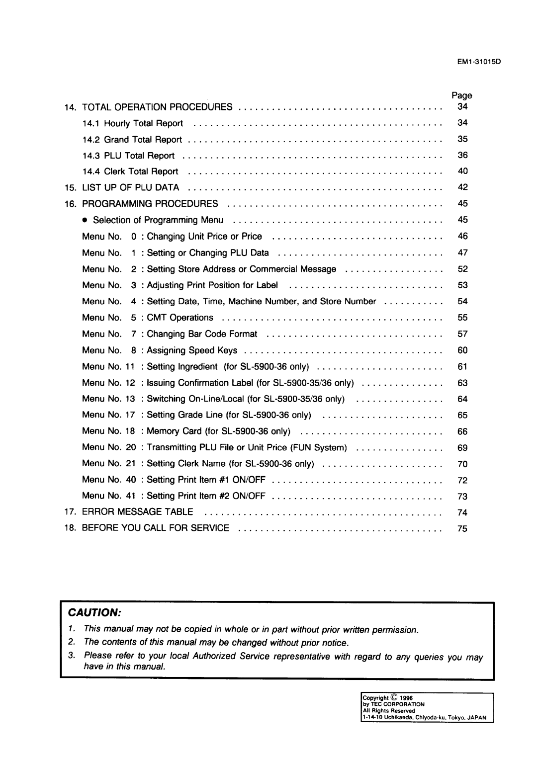 Toshiba SL-5900, EMl-31015D, EM1-31015 manual Total, Listupofpludata, Procedures, Plu, Error, Before YOU Call for Service 