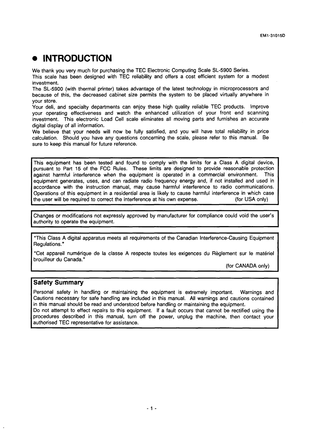 Toshiba EMl-31015D, SL-5900, EM1-31015 manual Introduction, Safety Summary 