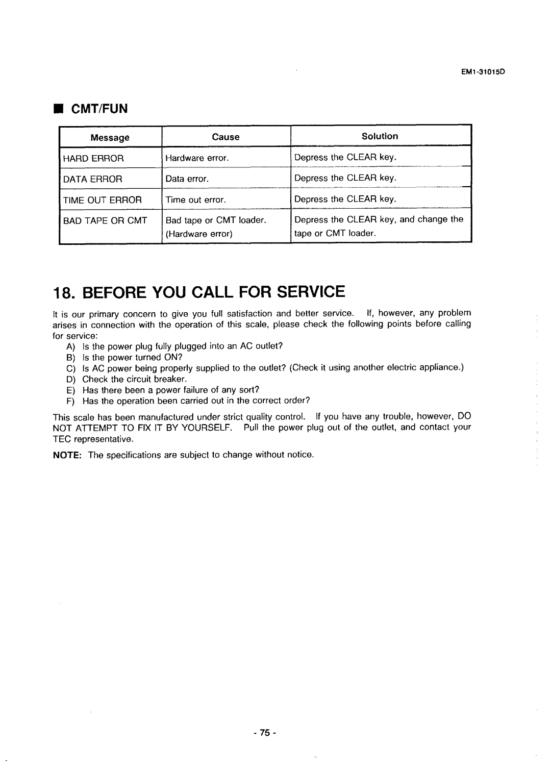 Toshiba SL-5900, EMl-31015D, EM1-31015 manual Before YOU Call for Service, Cmt/Fun, BAD Tape or CMT 