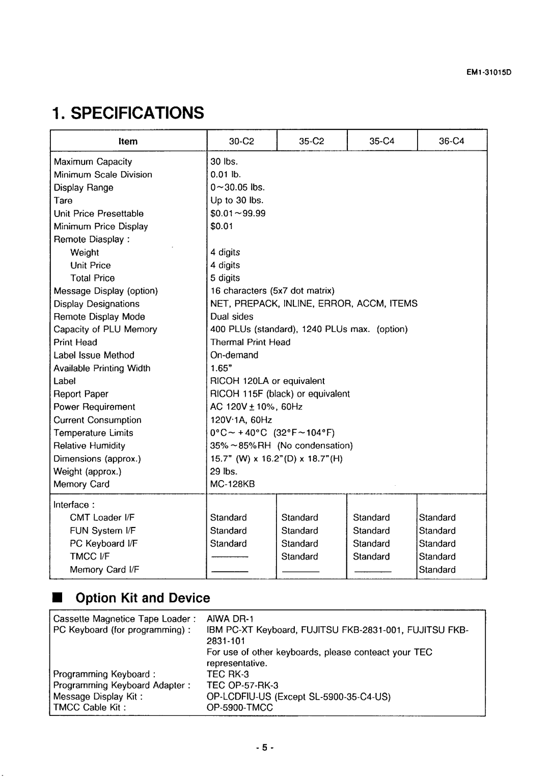 Toshiba EM1-31015, SL-5900, EMl-31015D manual Specifications, Option Kit and Device 