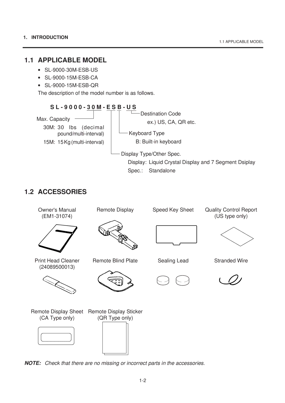 Toshiba EM1-31074EE, SL-9000-ESB SERIES owner manual Applicable Model, Accessories, 9 0 0 0 3 0 M E S B U S 