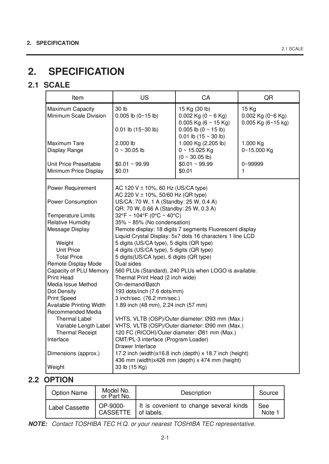 Toshiba SL-9000-ESB SERIES, EM1-31074EE owner manual Specification, Scale, Option, Cassette 