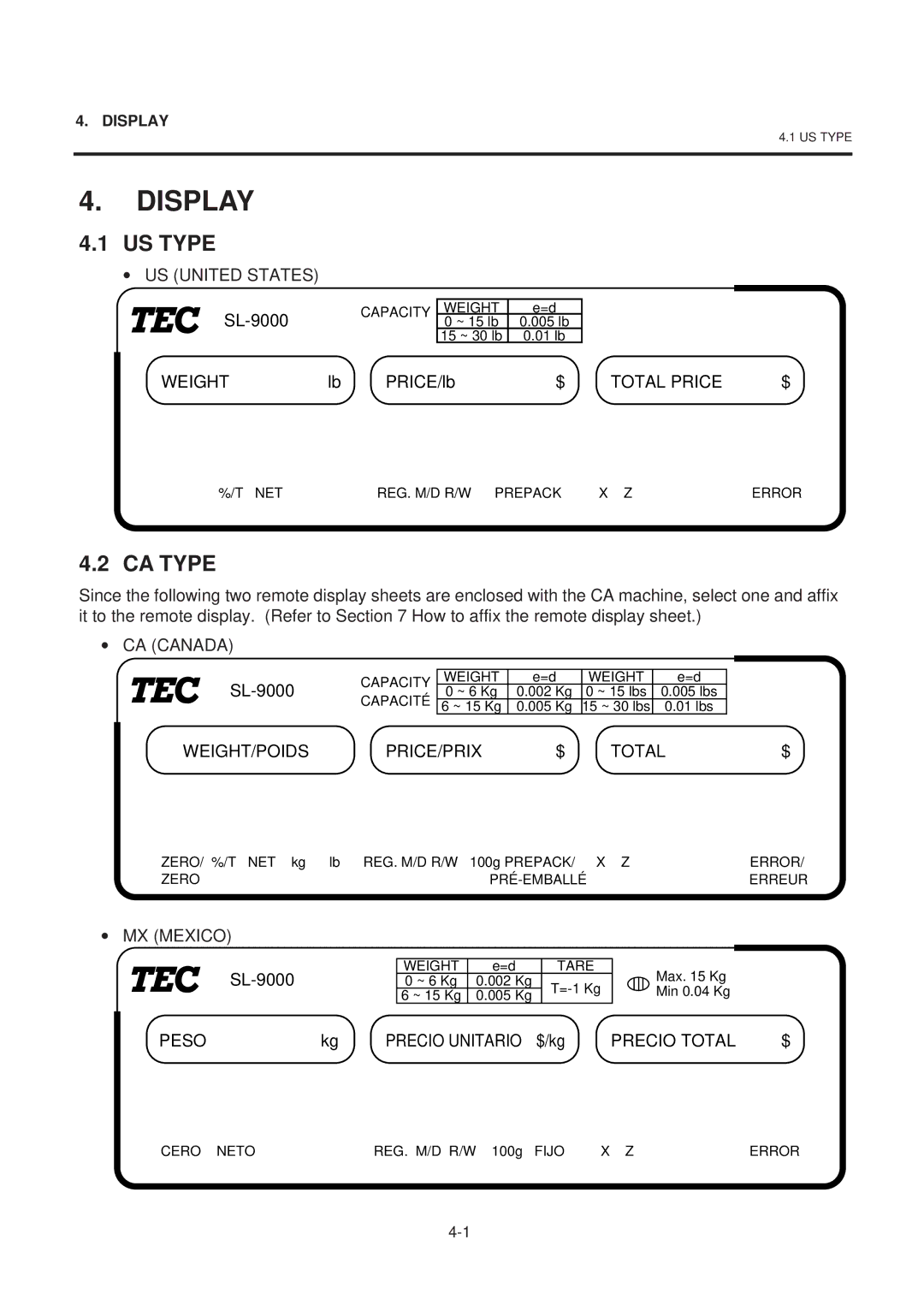 Toshiba EM1-31074EE, SL-9000-ESB SERIES owner manual Display, US Type, CA Type 