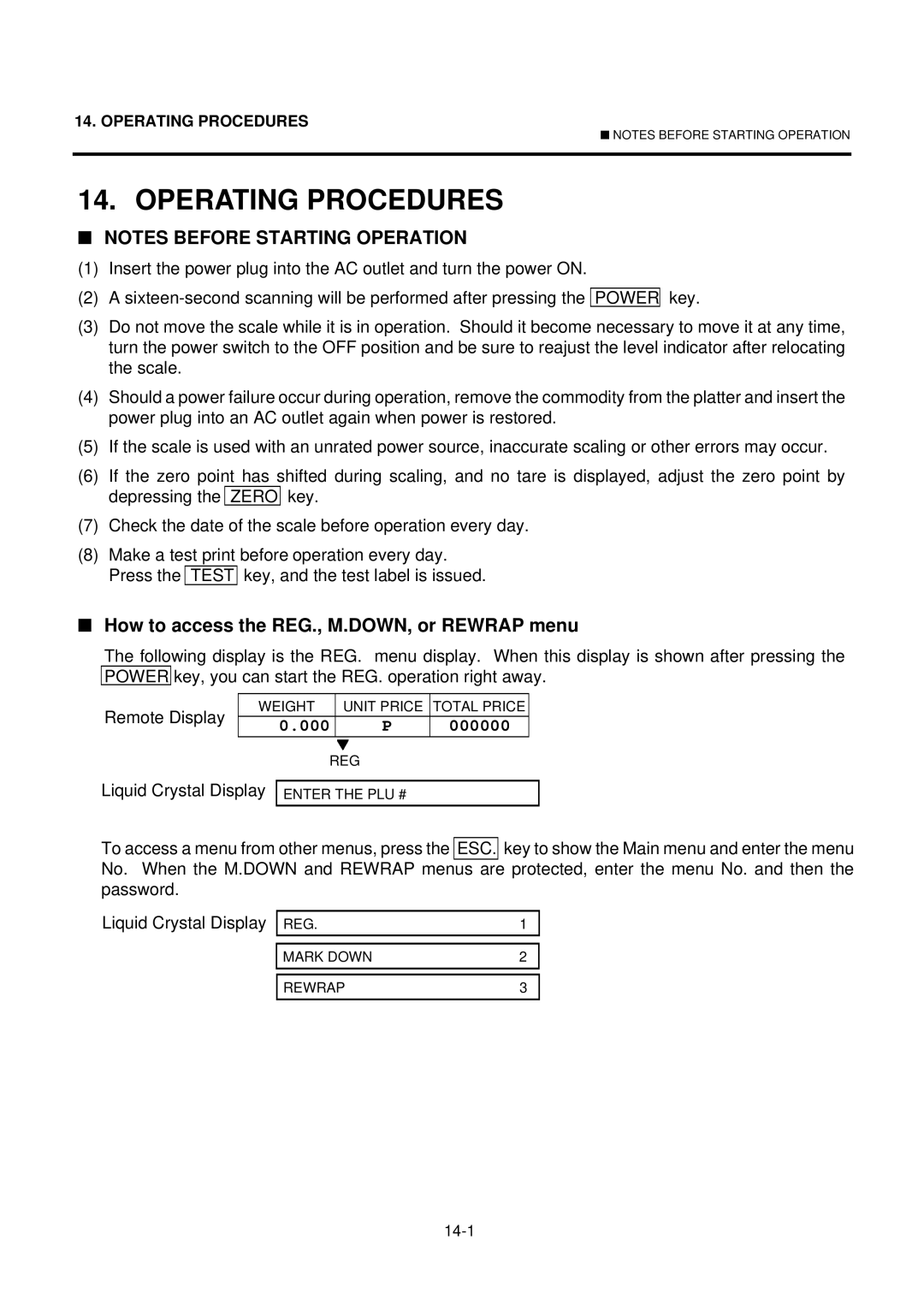 Toshiba EM1-31074EE, SL-9000-ESB SERIES owner manual Operating Procedures, How to access the REG., M.DOWN, or Rewrap menu 