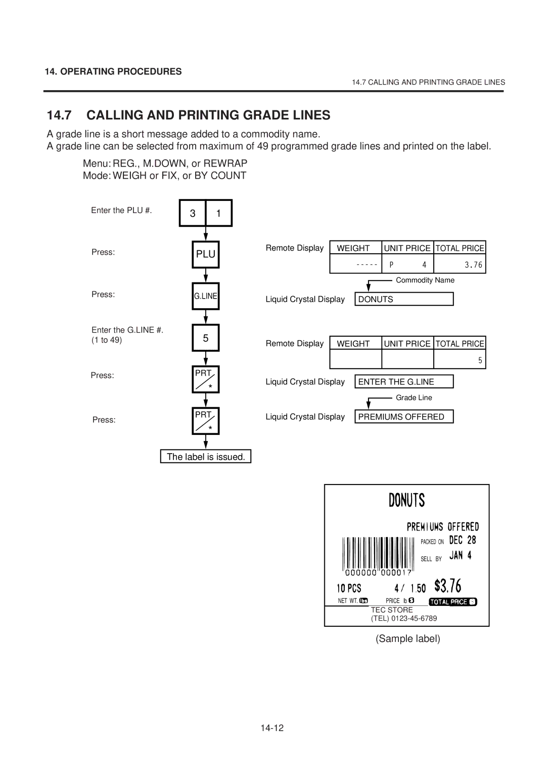 Toshiba SL-9000-ESB SERIES, EM1-31074EE owner manual Calling and Printing Grade Lines, Weight Unit Price 