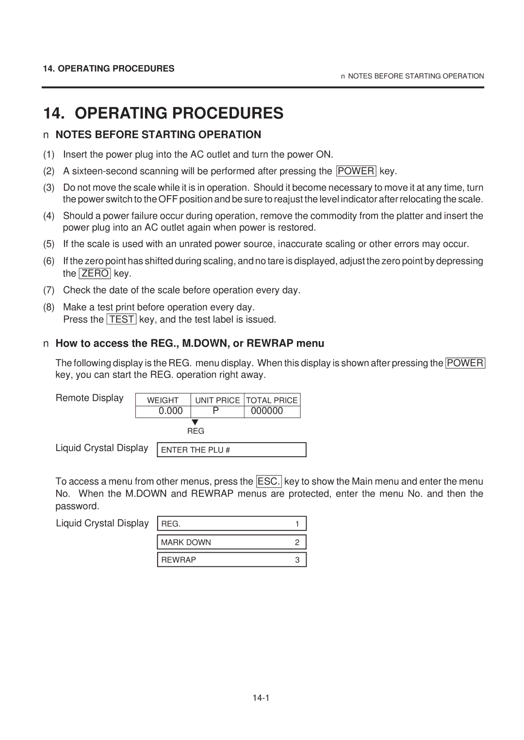 Toshiba SL-9000-LSB SERIES, EM1-31071GE owner manual Operating Procedures, How to access the REG., M.DOWN, or Rewrap menu 