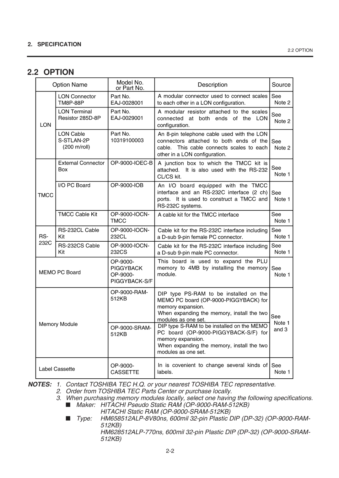 Toshiba SL-9000-LSB owner manual Option, Source Or Part No 