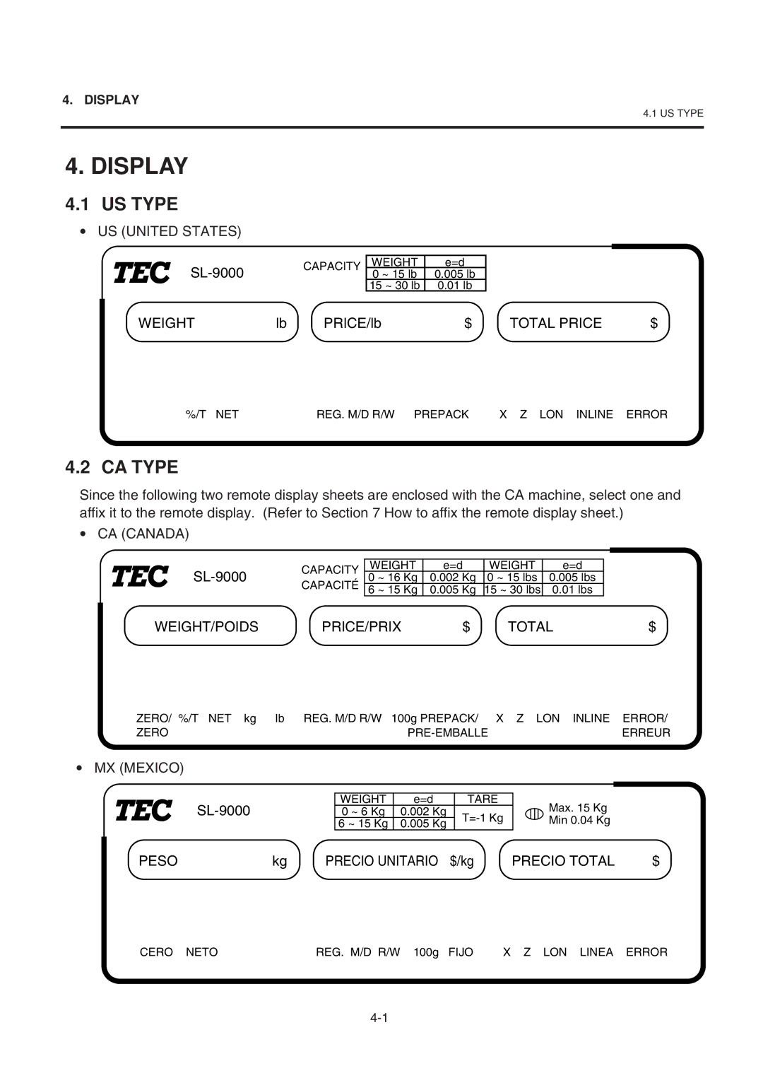 Toshiba SL-9000-LSB owner manual Display, US Type, CA Type 