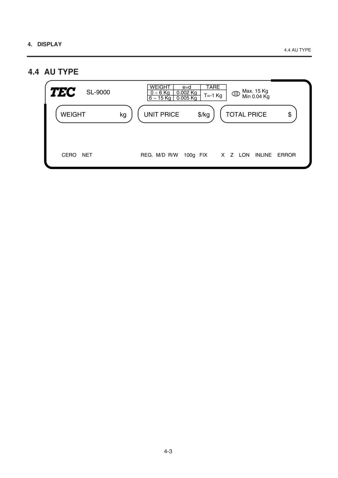 Toshiba SL-9000-LSB owner manual AU Type, Weight Unit Price, $/kg 