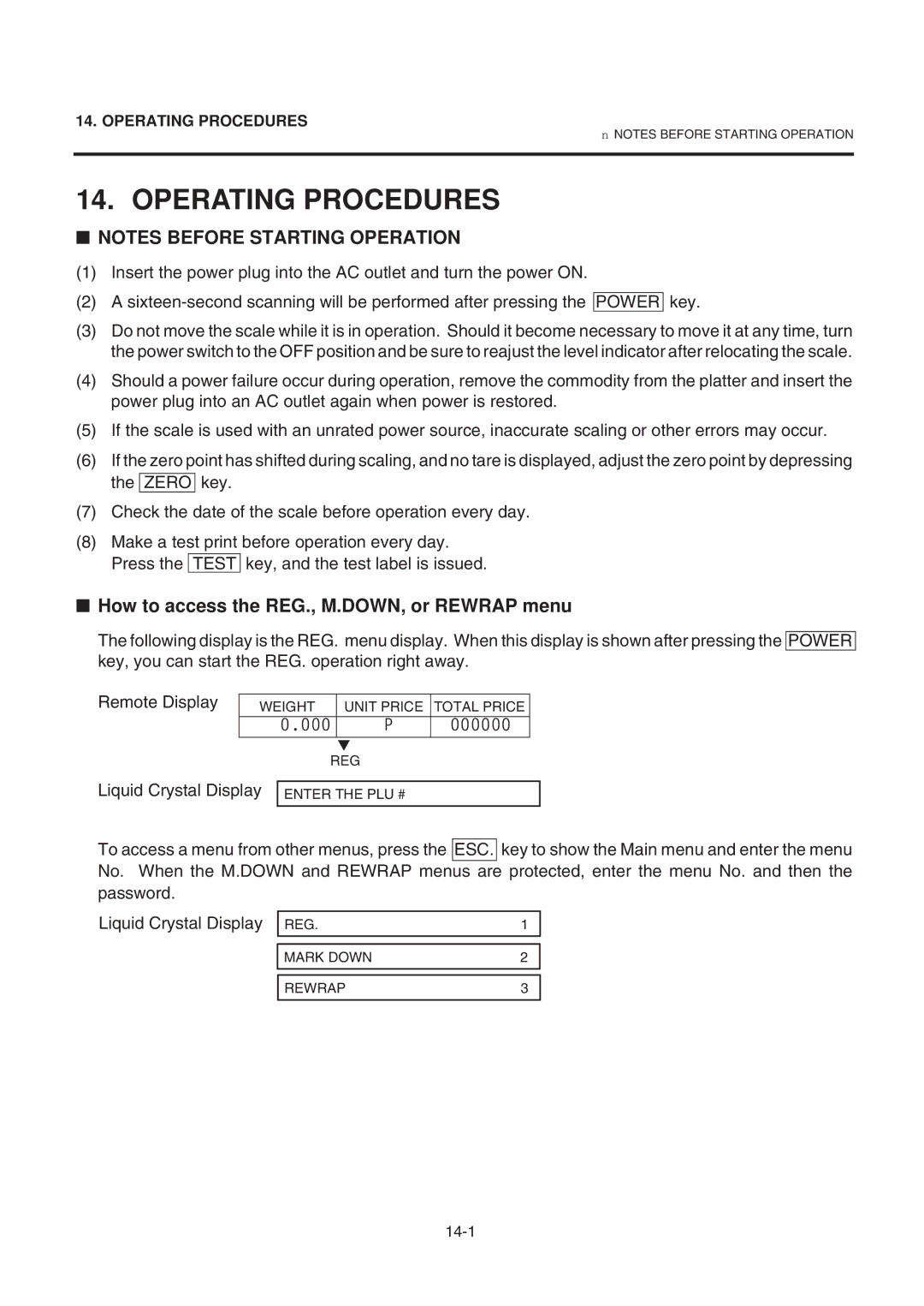 Toshiba SL-9000-LSB owner manual Operating Procedures, How to access the REG., M.DOWN, or Rewrap menu 