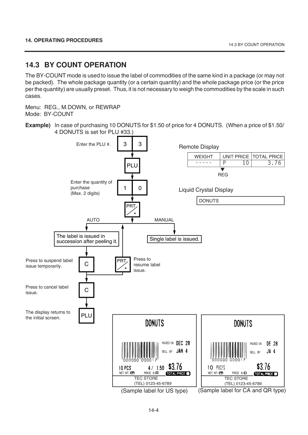 Toshiba SL-9000-LSB owner manual By Count Operation, Sample label for US type Sample label for CA and QR type 