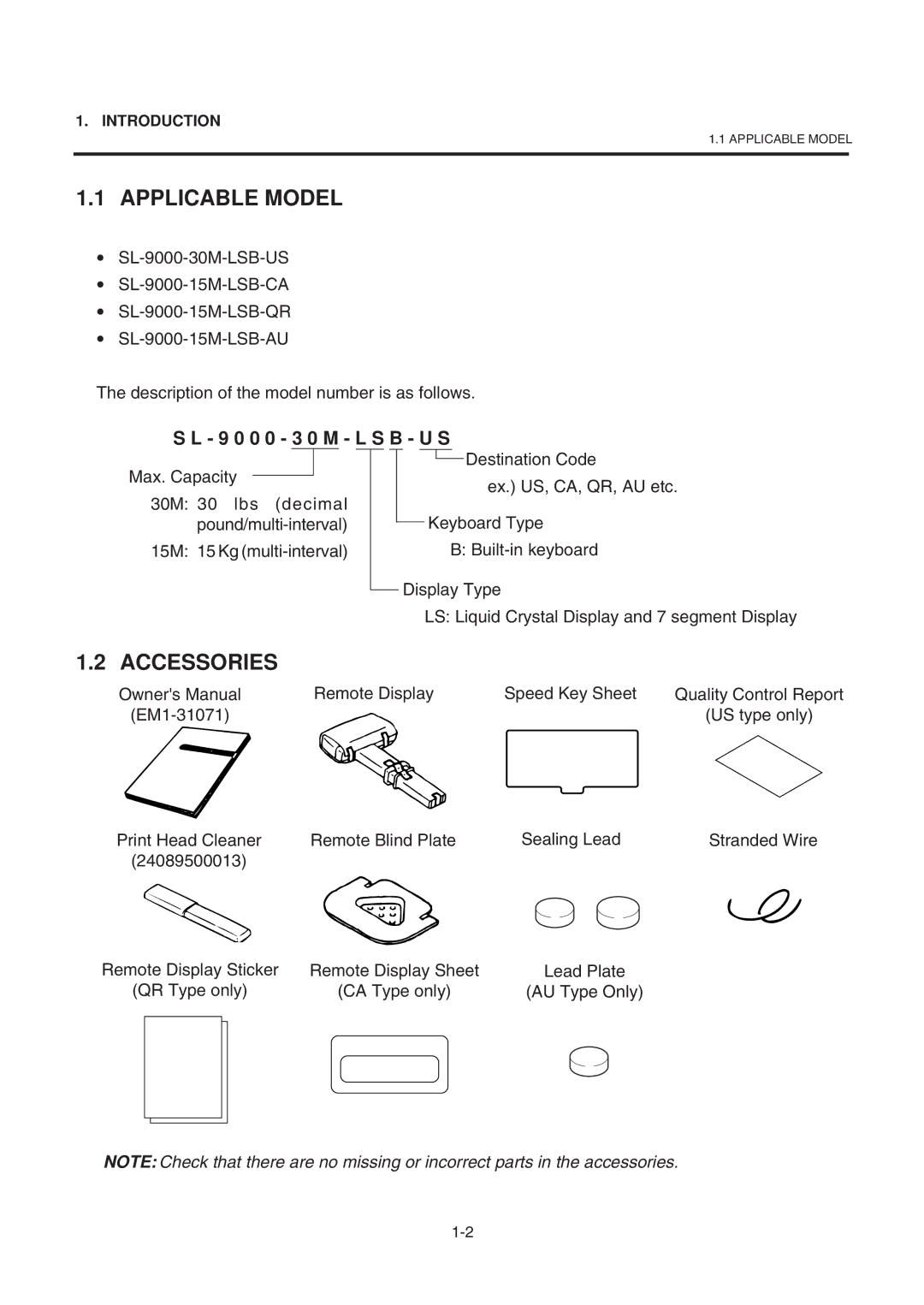 Toshiba SL-9000-LSB owner manual Applicable Model, Accessories, 9 0 0 0 3 0 M L S B U S 