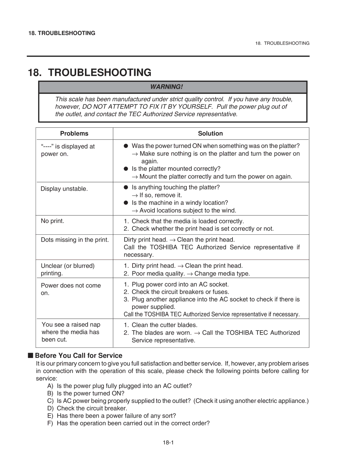 Toshiba SL-9000-LSB owner manual Troubleshooting, Before You Call for Service 