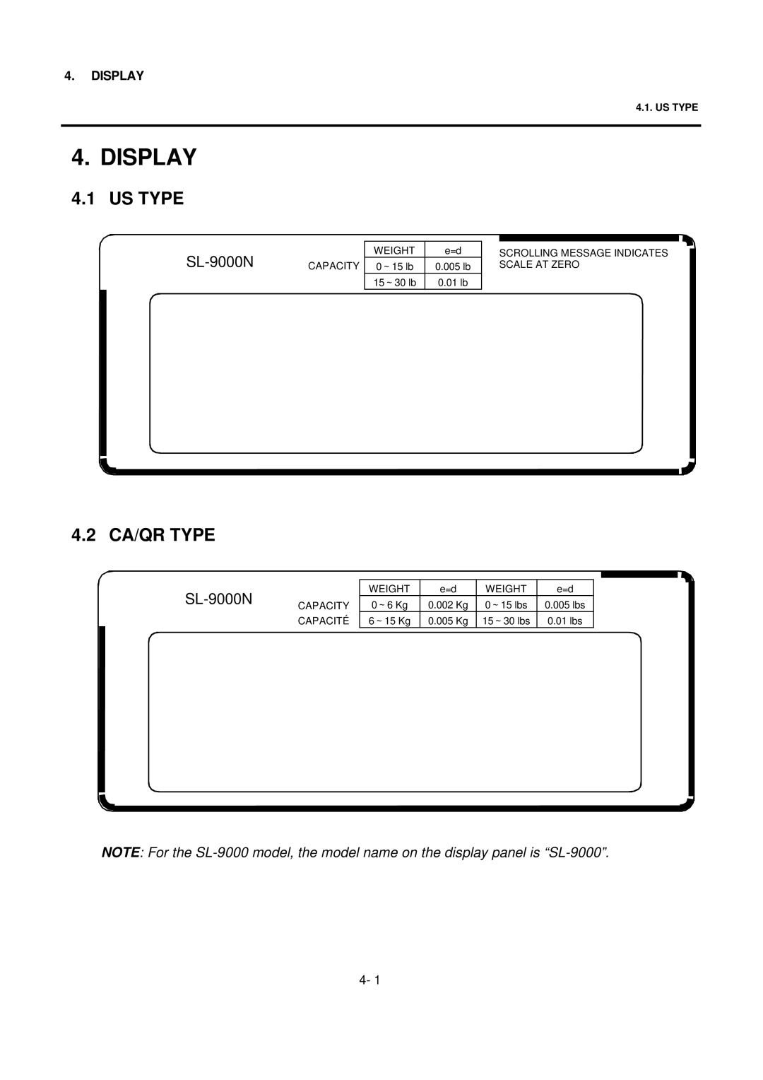 Toshiba SL-9000 owner manual Display, US Type, CA/QR Type 