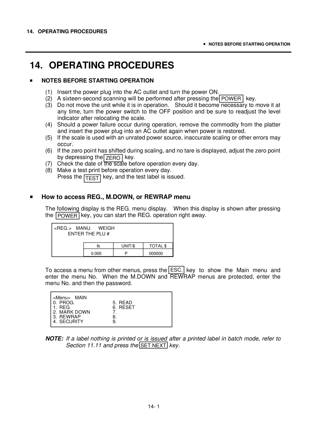 Toshiba SL-9000 owner manual Operating Procedures, How to access REG., M.DOWN, or Rewrap menu 