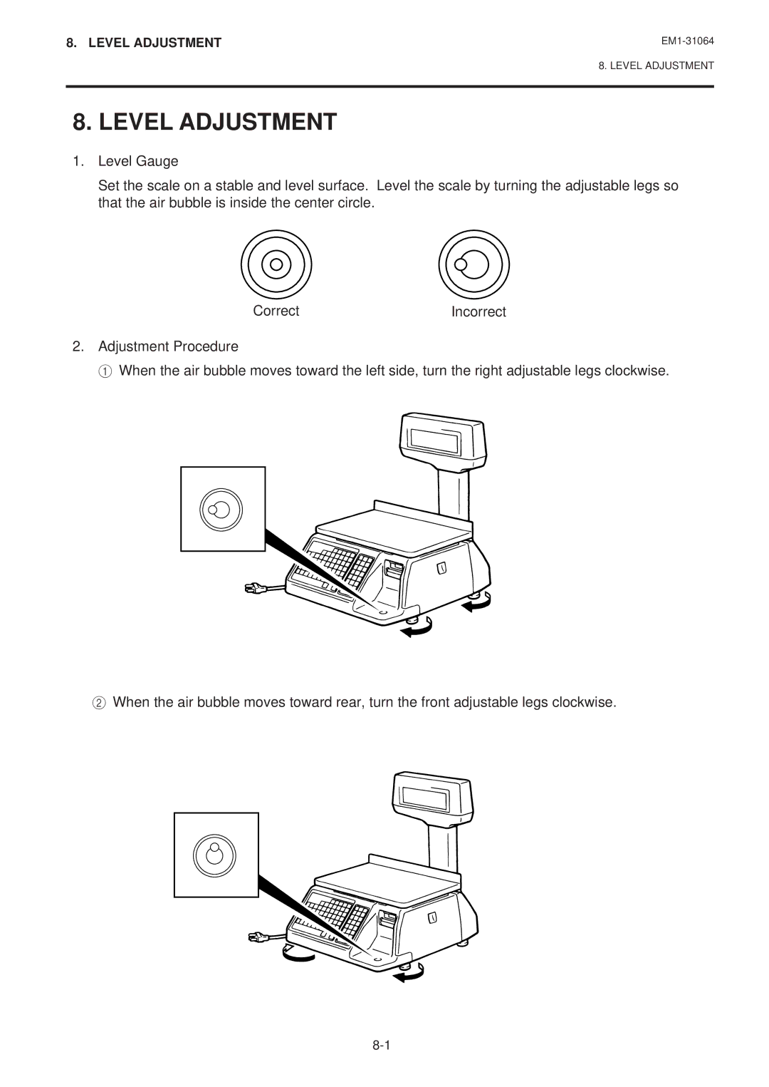 Toshiba EM1-31064JE, SL-9000N-FFB, SL-9000-FFB owner manual Level Adjustment 