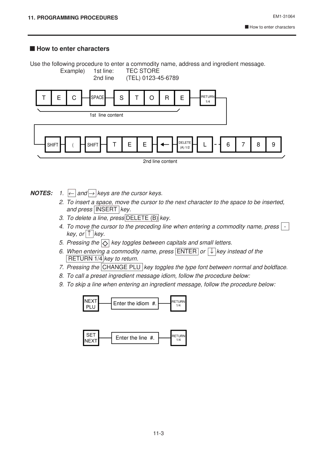 Toshiba SL-9000-FFB, SL-9000N-FFB, EM1-31064JE owner manual How to enter characters, TEC Store, 2nd line TEL 