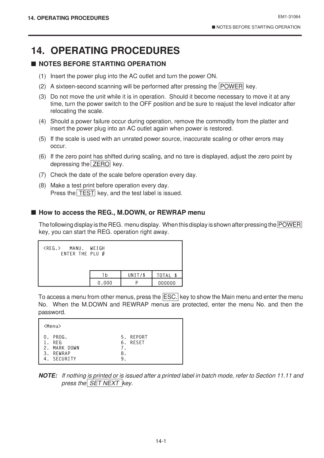 Toshiba EM1-31064JE, SL-9000N-FFB, SL-9000-FFB Operating Procedures, How to access the REG., M.DOWN, or Rewrap menu 