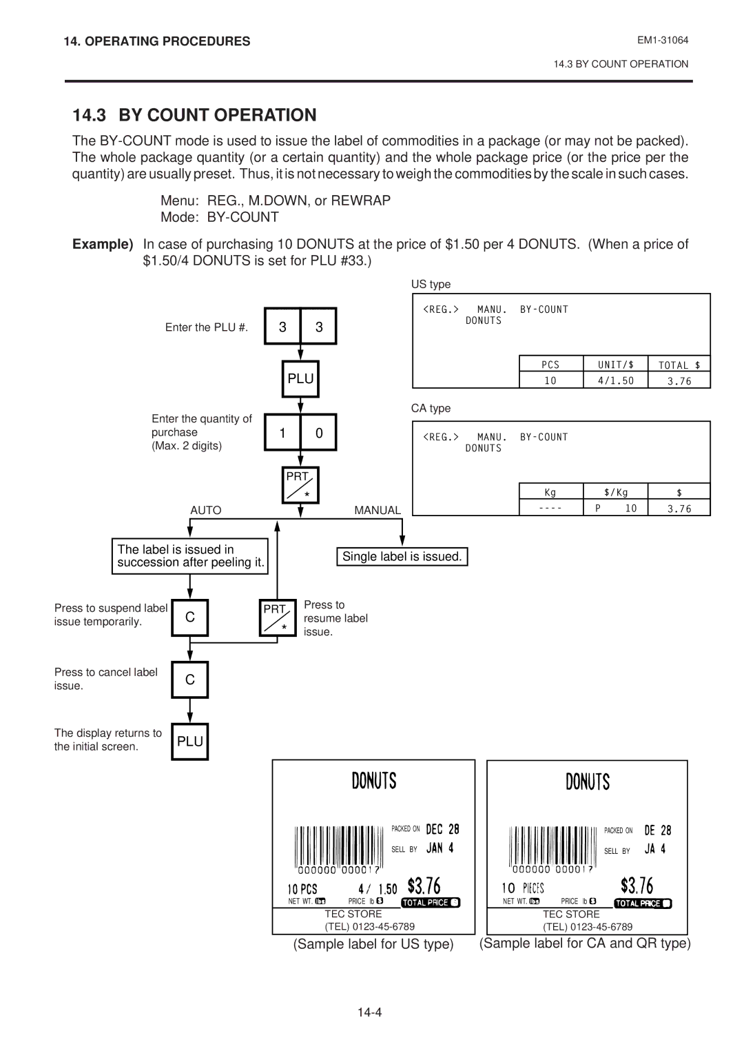 Toshiba SL-9000-FFB, SL-9000N-FFB, EM1-31064 By Count Operation, Sample label for US type, Sample label for CA and QR type 